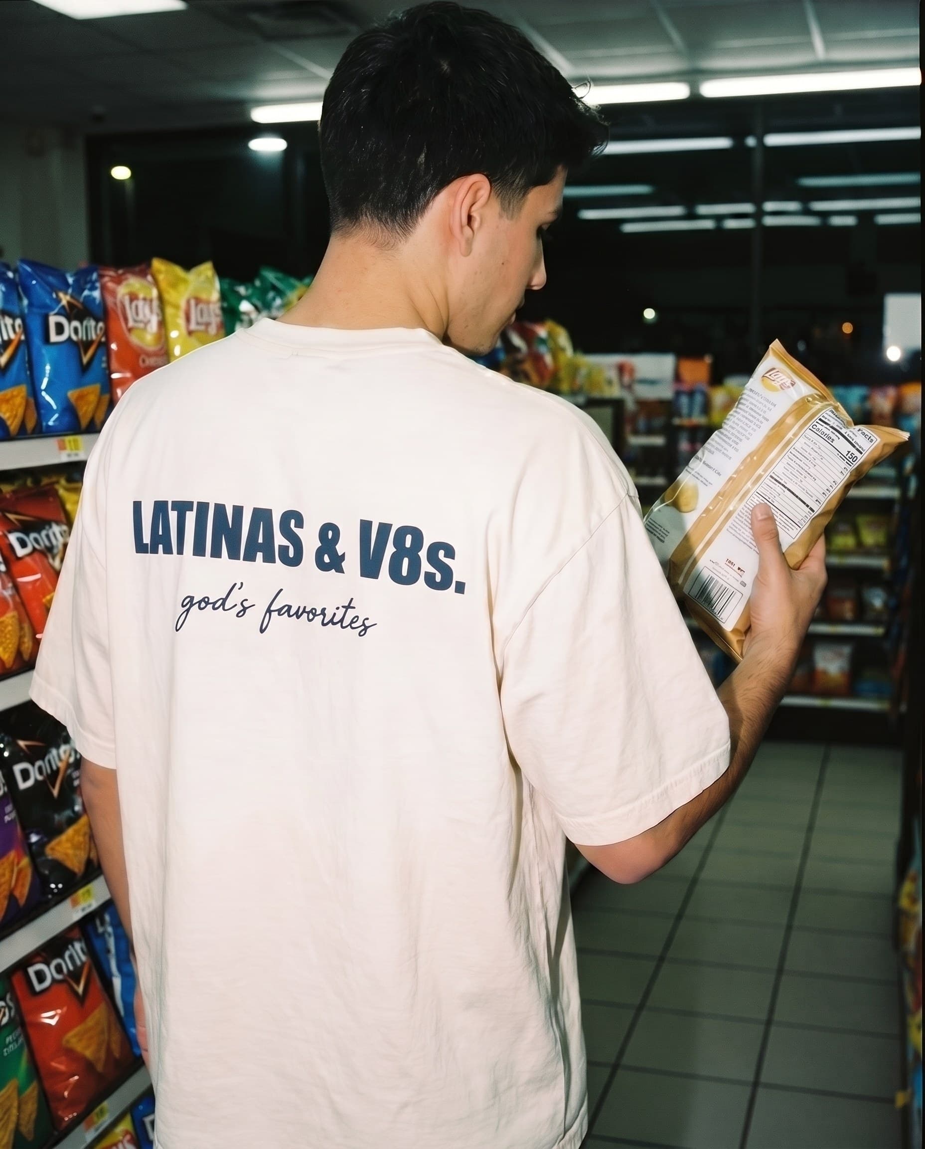 Back view of the "LATINAS & V8s. god's favorites" tee
